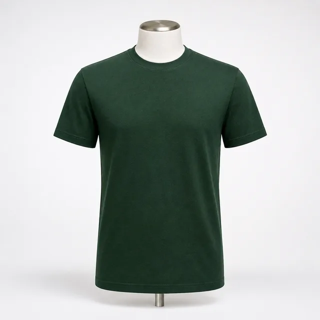 A crew-neck T-shirt on a display stand