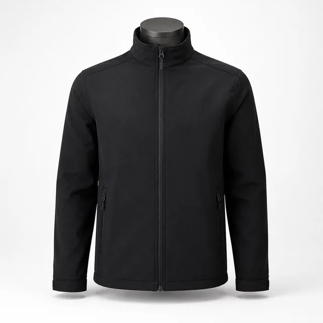 A black softshell jacket on a display stand